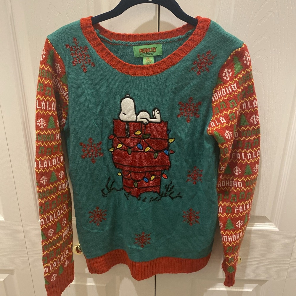 Ugly Christmas Sweater Kids XL 14-16 Peanuts Snoopy Green Long Sleeve Vivid